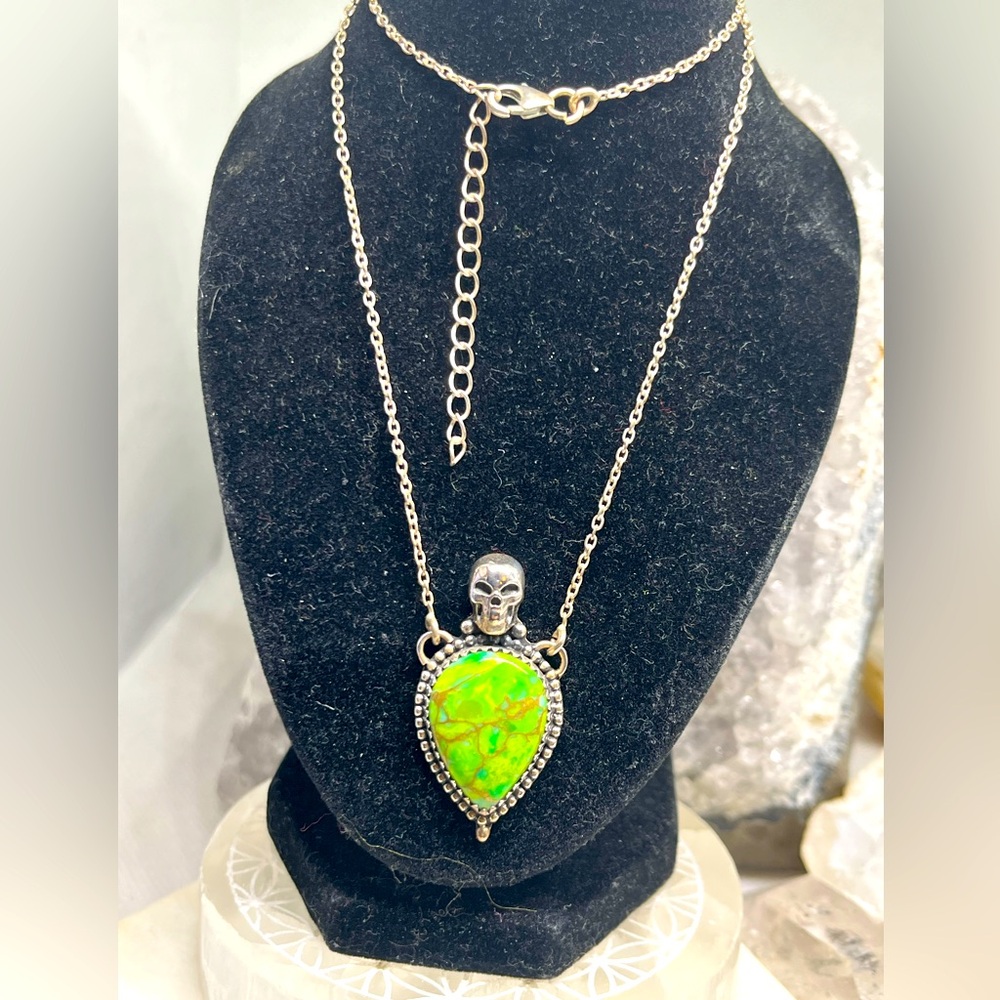 Sterling Silver Skull Pendant Necklace with Green Mojave Turquoise Stone